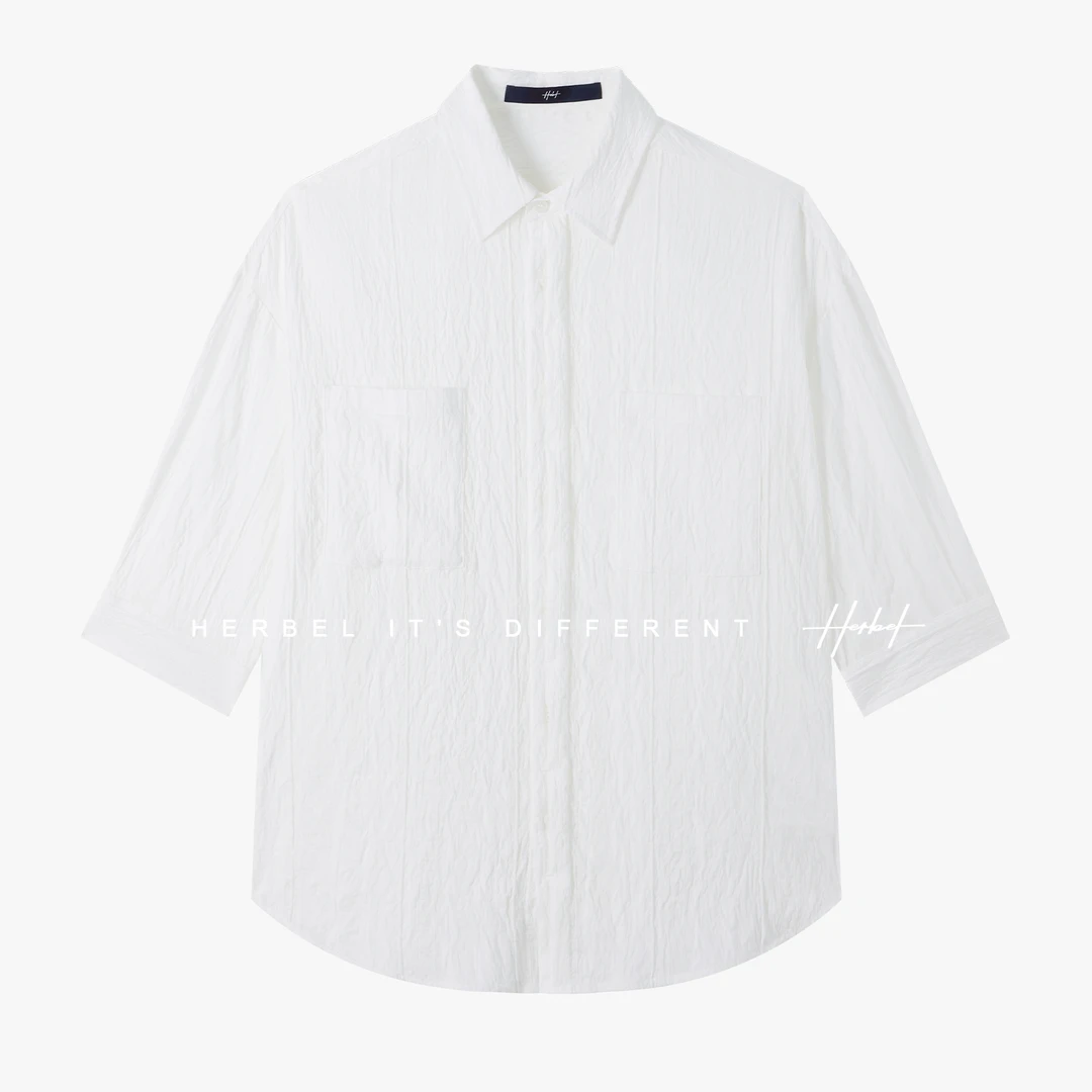 HERBEL/黑白短袖衬衫2025夏季新款百搭宽松潮流翻领白色上衣男士