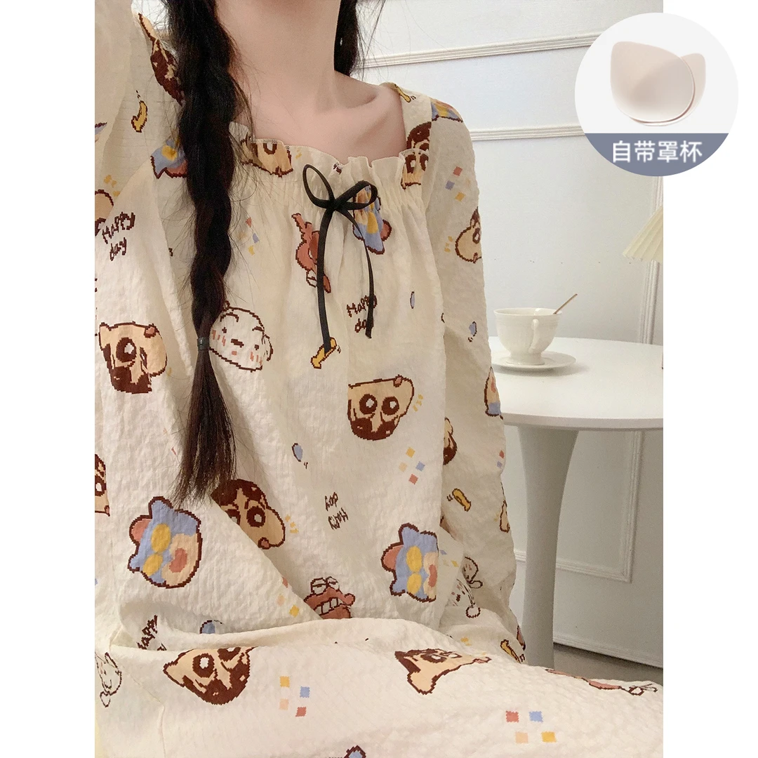 Meng luan/梦鸾公主风睡裙女款春秋季带胸垫可爱长袖睡衣裙家居服