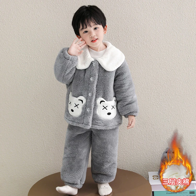 男童睡衣冬季加厚加绒男孩宝宝三层夹棉保暖套装儿童法兰绒家居服