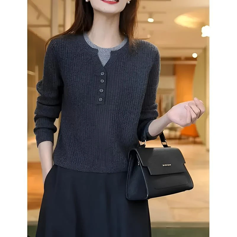 冬季撞色拼接设计感假两件长袖针织衫洋气减龄百搭打底衫内搭上衣