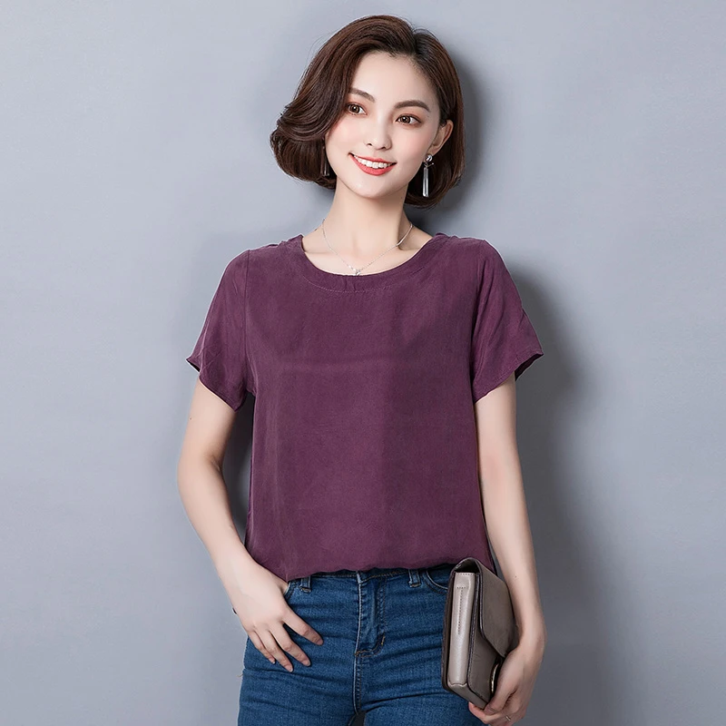 重磅铜氨丝宽松圆领短袖T大码洋气服装女白色薄款紫色妈妈气质