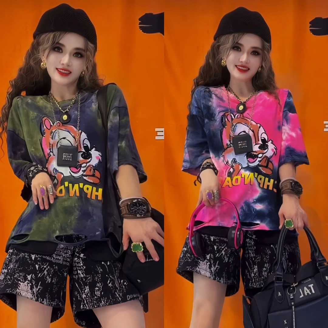 欧美潮流时尚美式扎染重工撞色短袖T恤夏卡通宽松显瘦百搭上衣潮