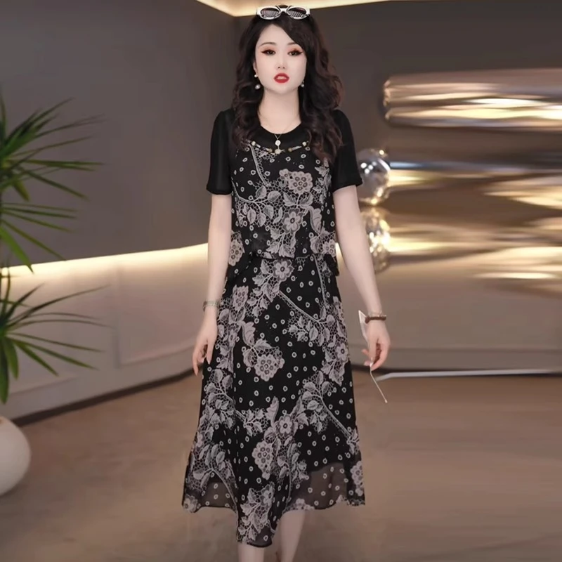2025夏季新款时尚减龄收腰中长款气质百搭假两件连衣裙M-4XL