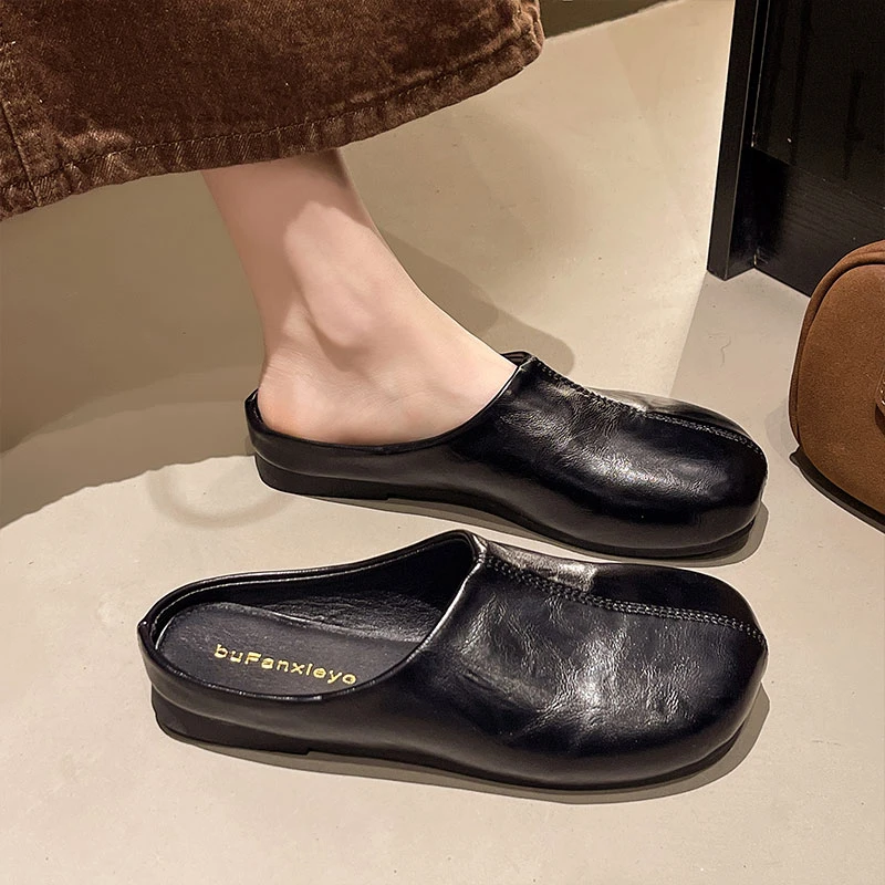 【万达撤柜】半拖鞋包头乐福新款懒人复古一脚蹬韩版黑色单鞋女2025