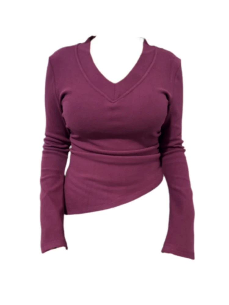 微胖mm设计感V领性感风针织打底衫女秋冬修身显瘦不规则开叉上衣