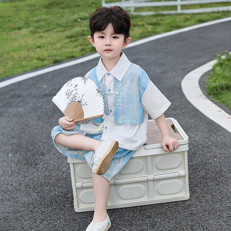 儿童汉服男童新中式日常可穿国风套装小少爷男孩古风唐装夏季薄款