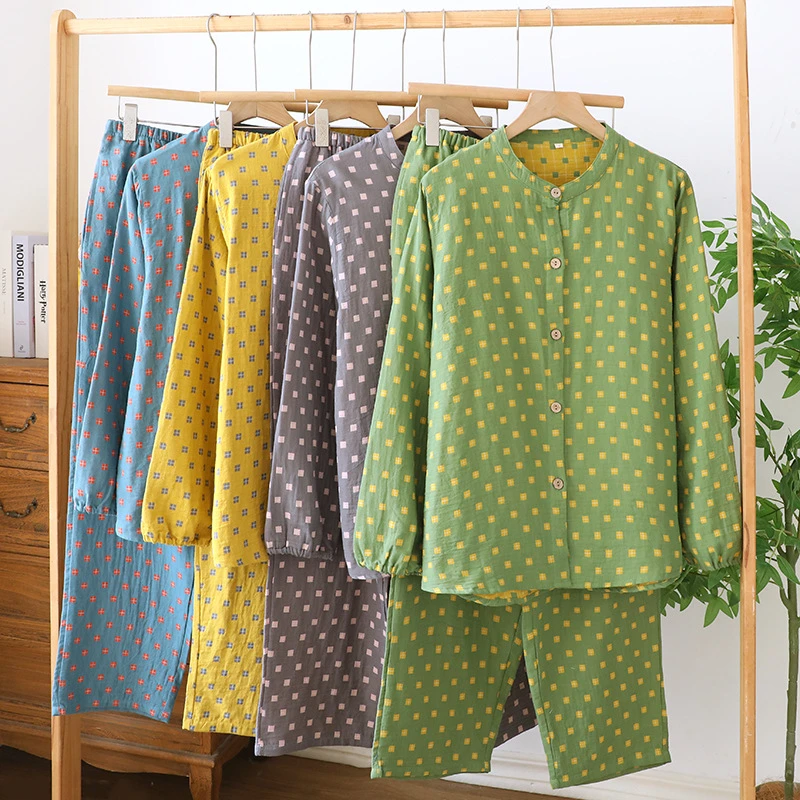 花妍四季全棉双层棉纱女士家居服长袖长裤套装睡衣休闲纯棉透气