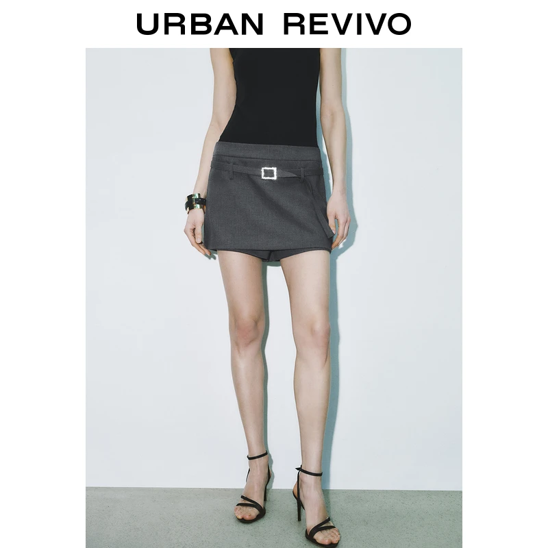 UR2025春季新款女装气质格雷系腰带装饰裙裤短裤UWG650042