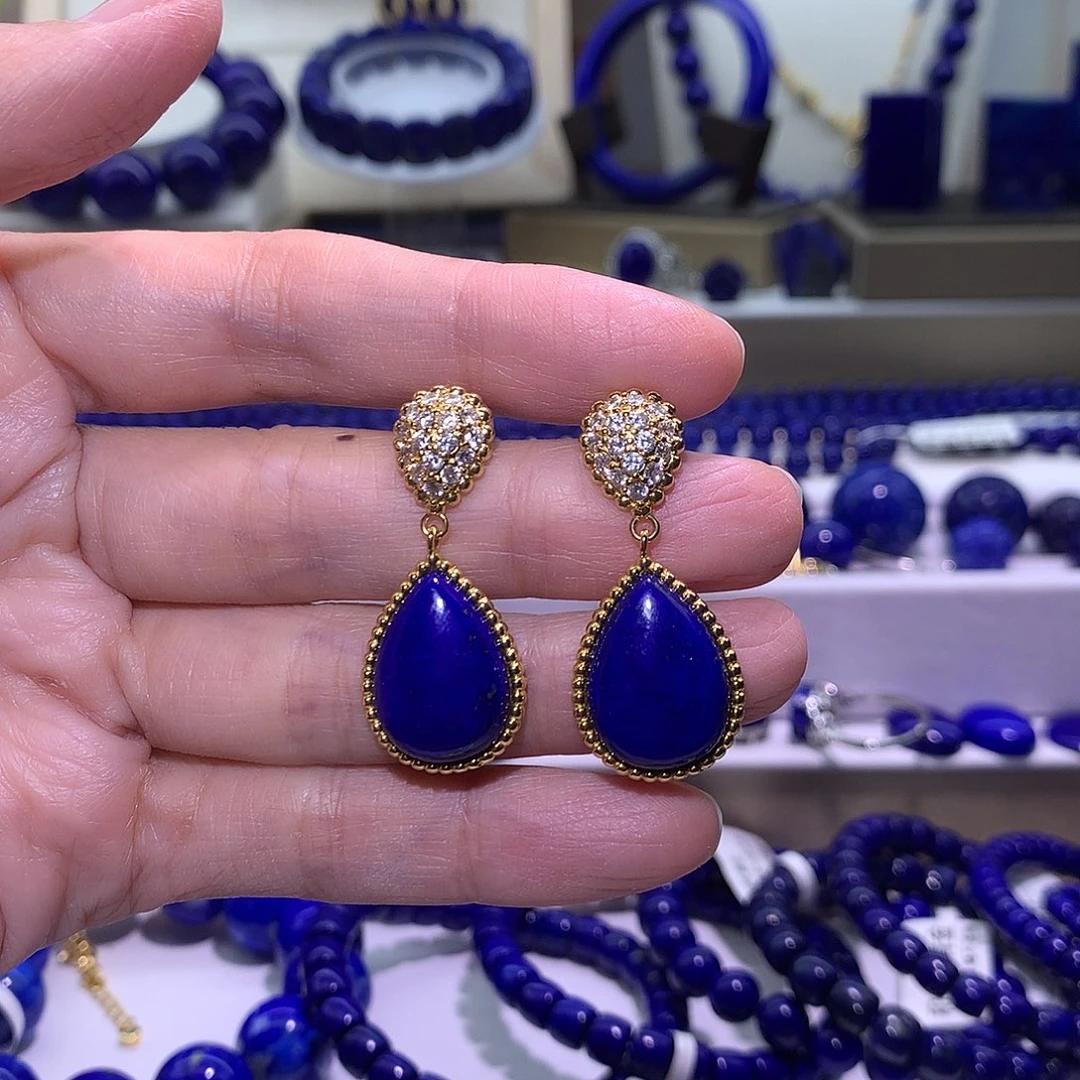 青金石合金天然原矿滴水状耳钉37*16.5m