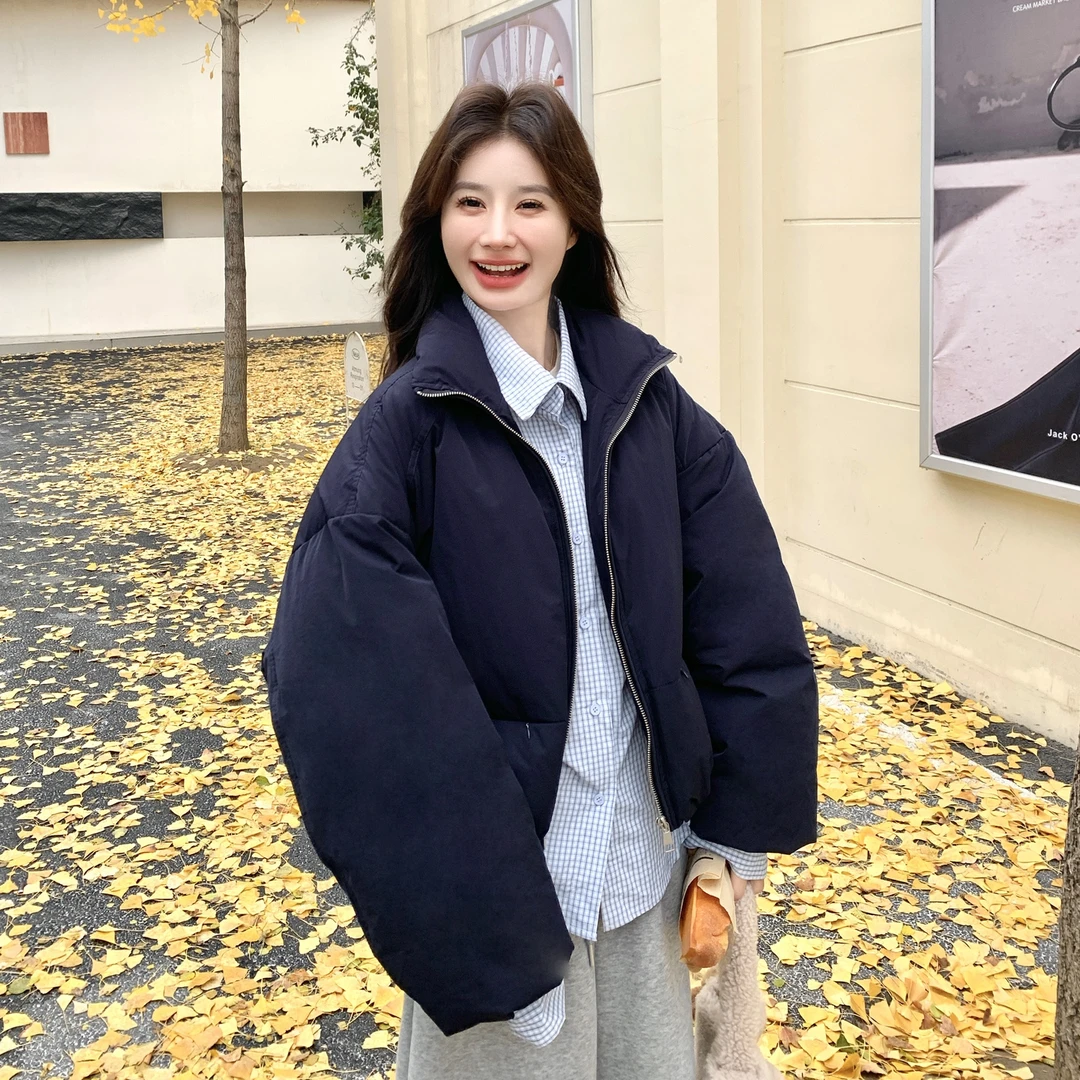 深蓝色衬衫假两件立领羽绒服女冬季新款设计感小个子90绒短款外套