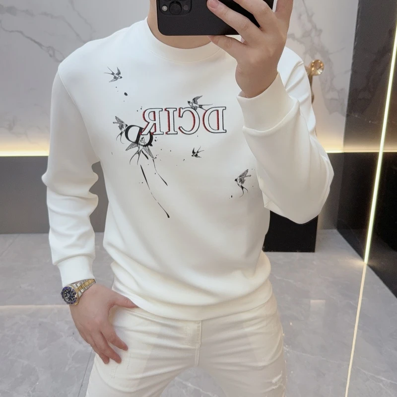 2025秋季新款欧货时尚重工字母刺绣简约百搭圆领长袖卫衣男打底衫