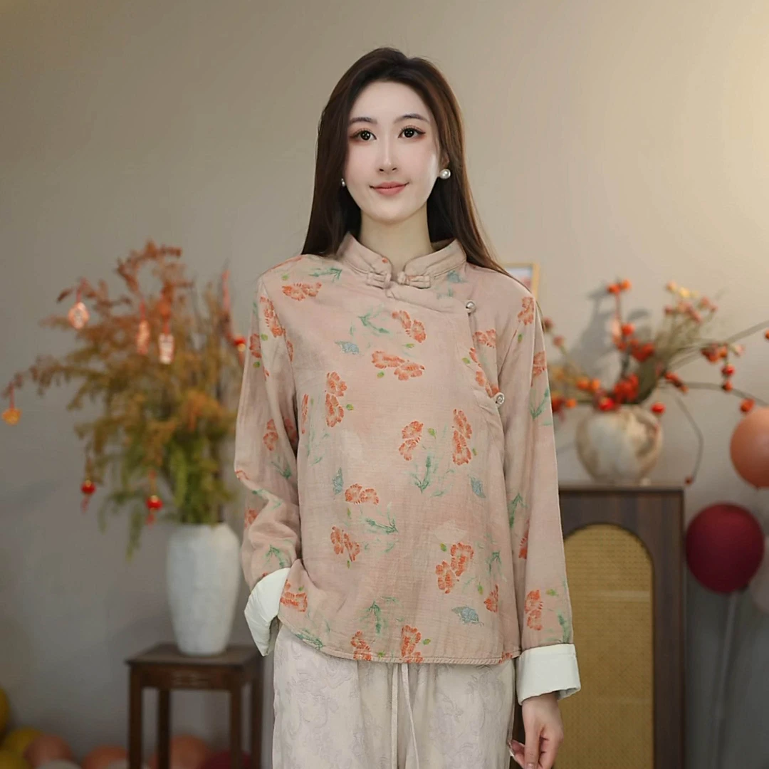 中式复古斜襟手工盘扣长袖加棉冬季小衫秋冬款民族风-9016打底