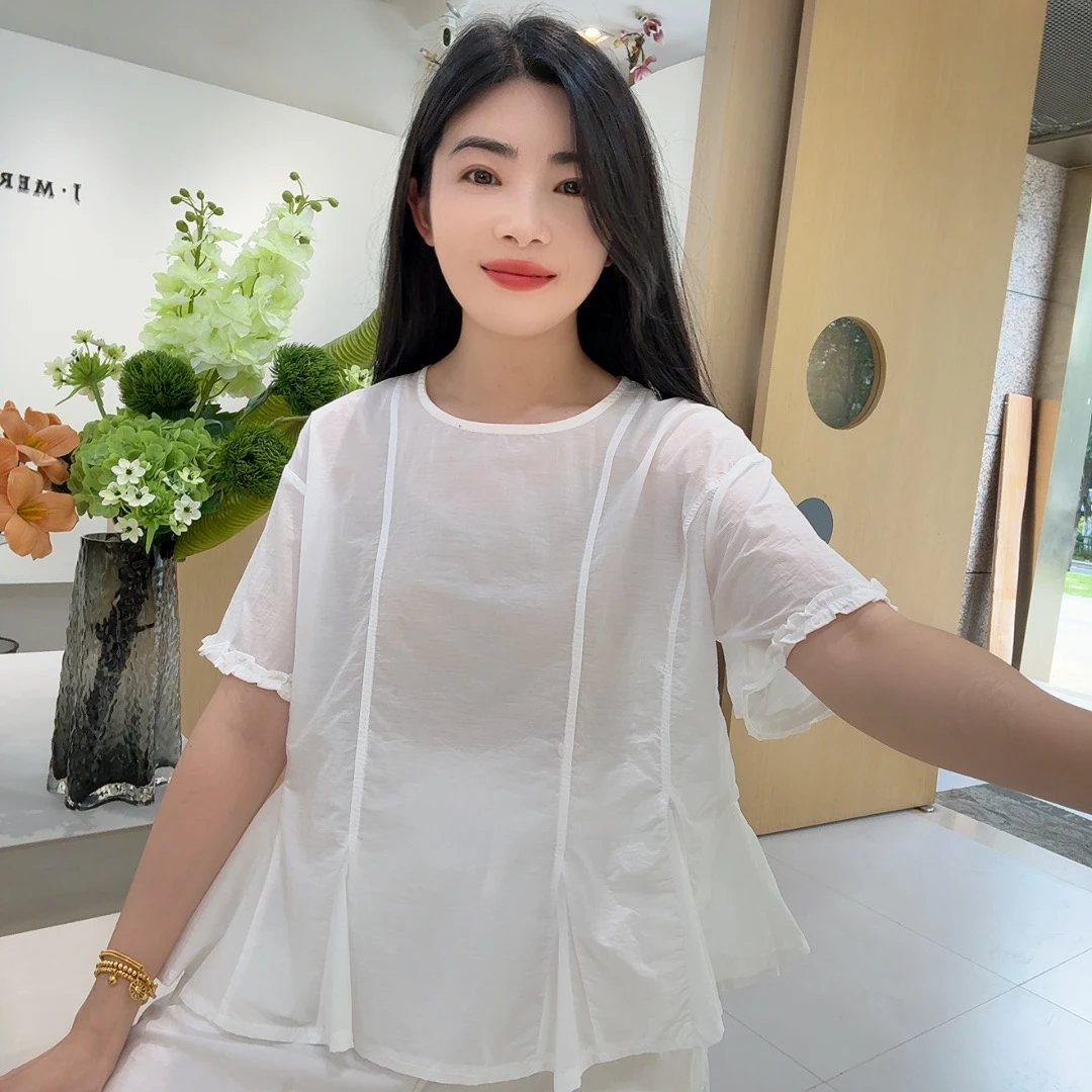 QC 253538 韩系圆领木耳边泡泡袖减龄收腰显瘦衬衫