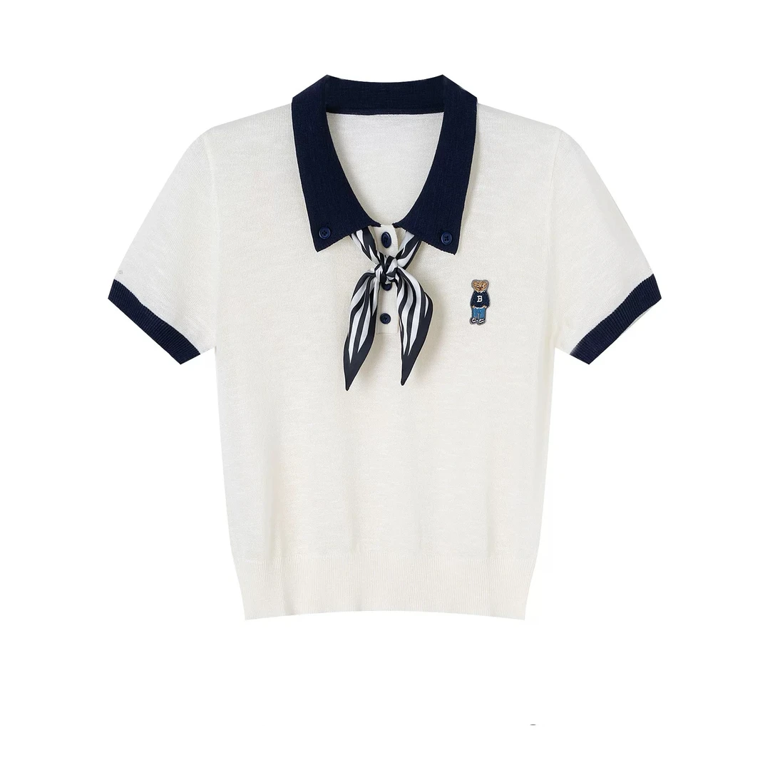 9370 丝巾polo领针织衫女夏短袖t恤百搭宽松带领休闲上衣