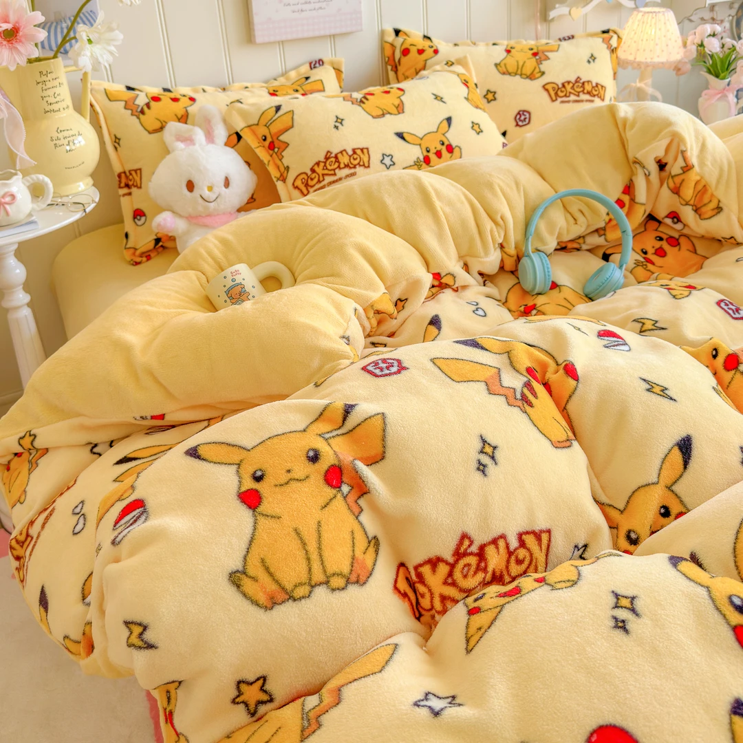 冬季儿童可爱皮卡丘双面牛奶绒被罩加厚珊瑚绒床笠单被套保暖套件