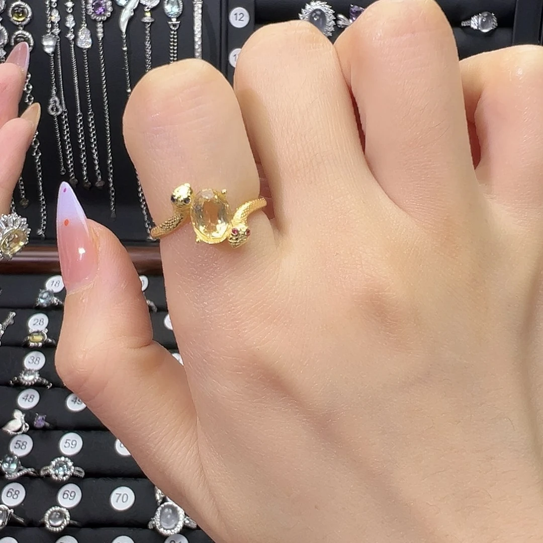 黄晶戒指银S925镀金镶嵌黑*彡蛇戒