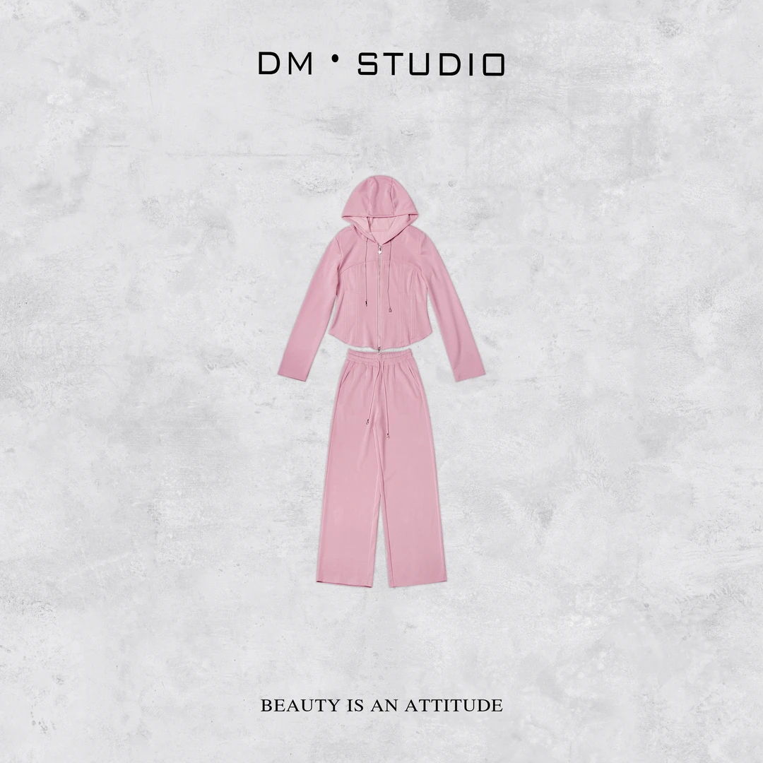 -DM•STUDIO/纯色极简风长袖拉链外套+拖地长裤套装（83519）