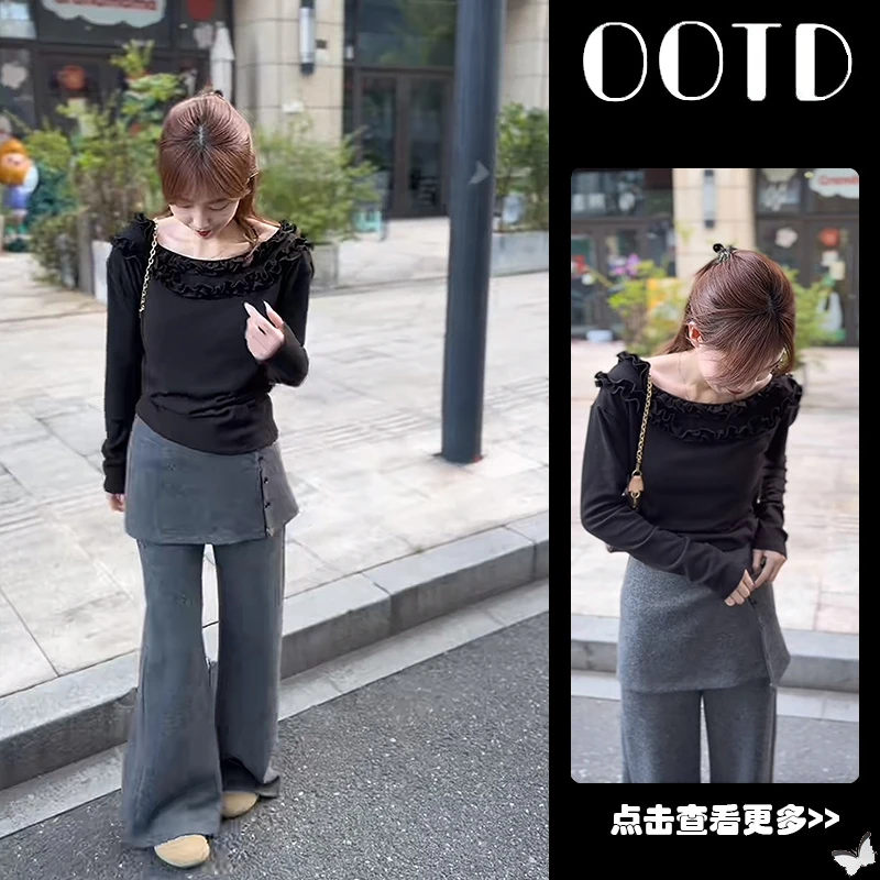 超火秋季穿搭一整套女2025新款木耳边长袖T恤微喇休闲裤两件套