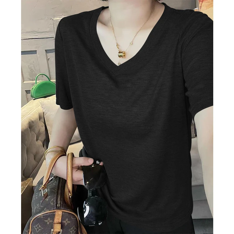 新款白色V领宽松短袖T恤女莫代尔正肩设计冰丝纯色T恤夏季打底衫