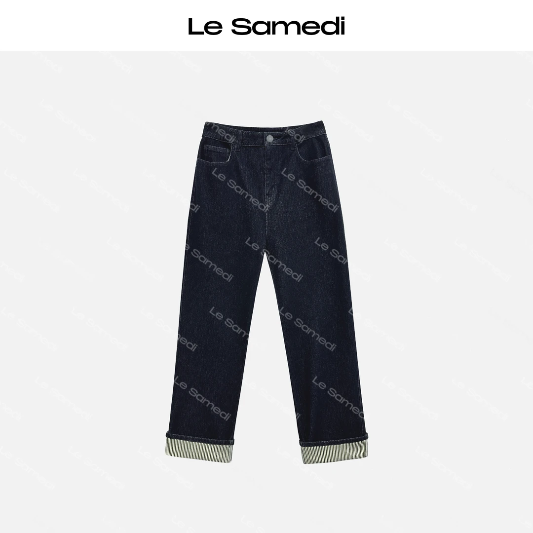 Le Samedi马油叶儿【柏林蓝牛】撞色条纹翻边显瘦直筒牛仔裤