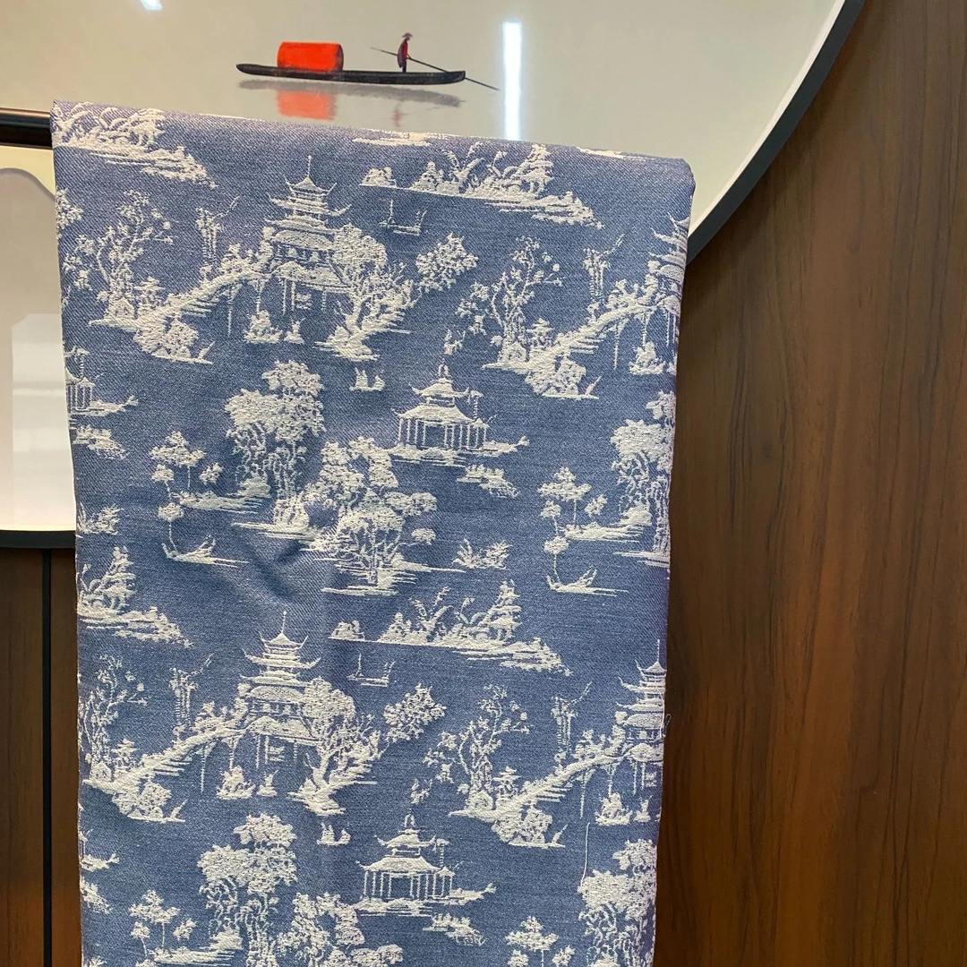 仿牛仔提花布浅蓝新中式亭台阁楼国风马甲汉服套装设计师面料