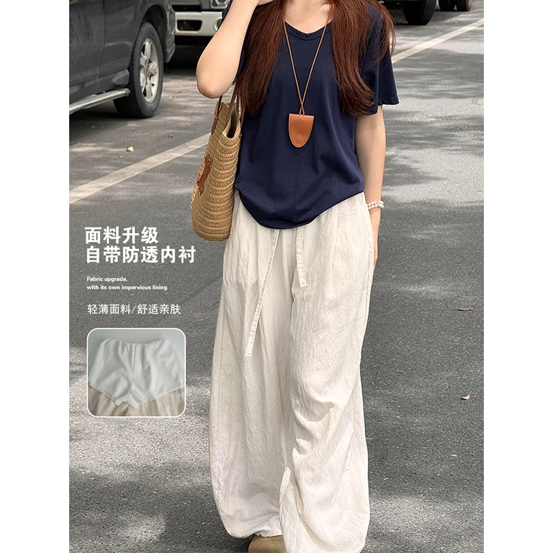 逃屿 【水洗不缩水全包边】亚麻冰丝阔腿裤女2025老钱风慵懒休闲裤