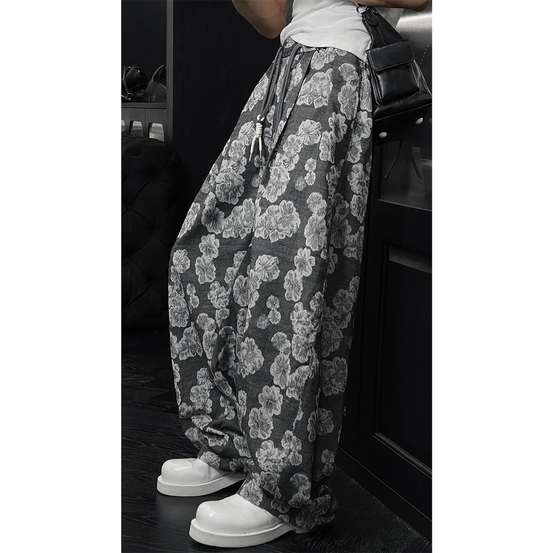 龙叨叨夏季新款潮流复古高级感花卉垂感百搭宽松弯刀休闲长裤