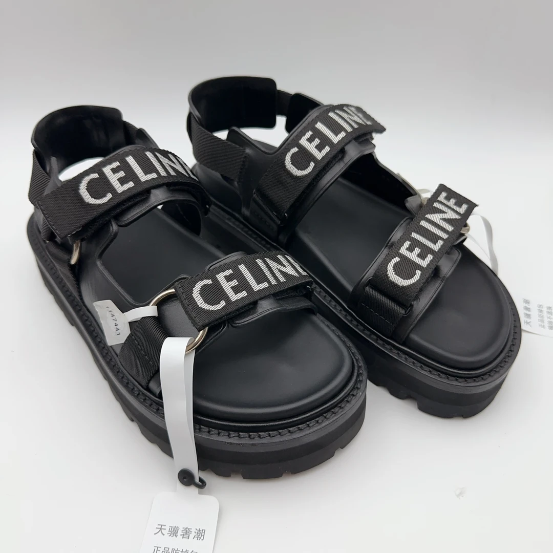 未使用 Celine/思琳 38码/魔术贴厚底黑色凉鞋/00554