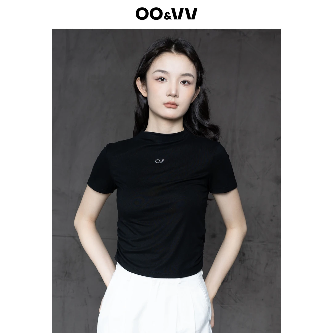 OO&VV黑色圆领短袖针织衫女2025新款修身显瘦百搭休闲短袖上衣