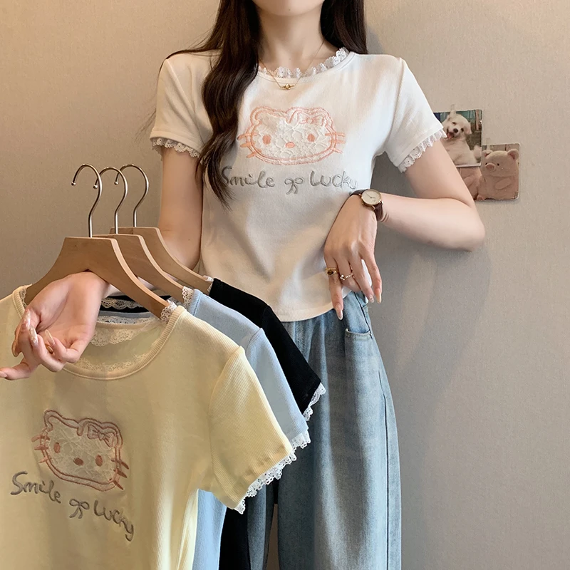 2025夏装新款胖mm甜美俏皮刺绣小猫蕾丝花边洋气衣服女短袖T恤潮