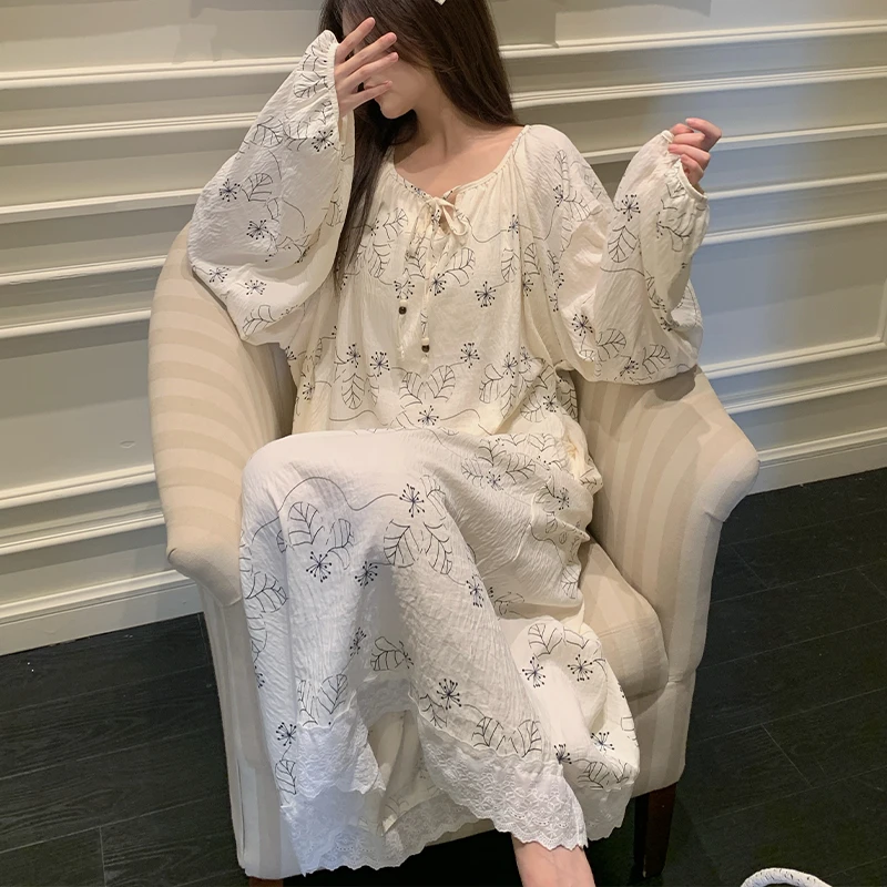 庆同2025新款秋季大码宽松长袖睡裙女士带胸垫睡衣休闲家居服春天