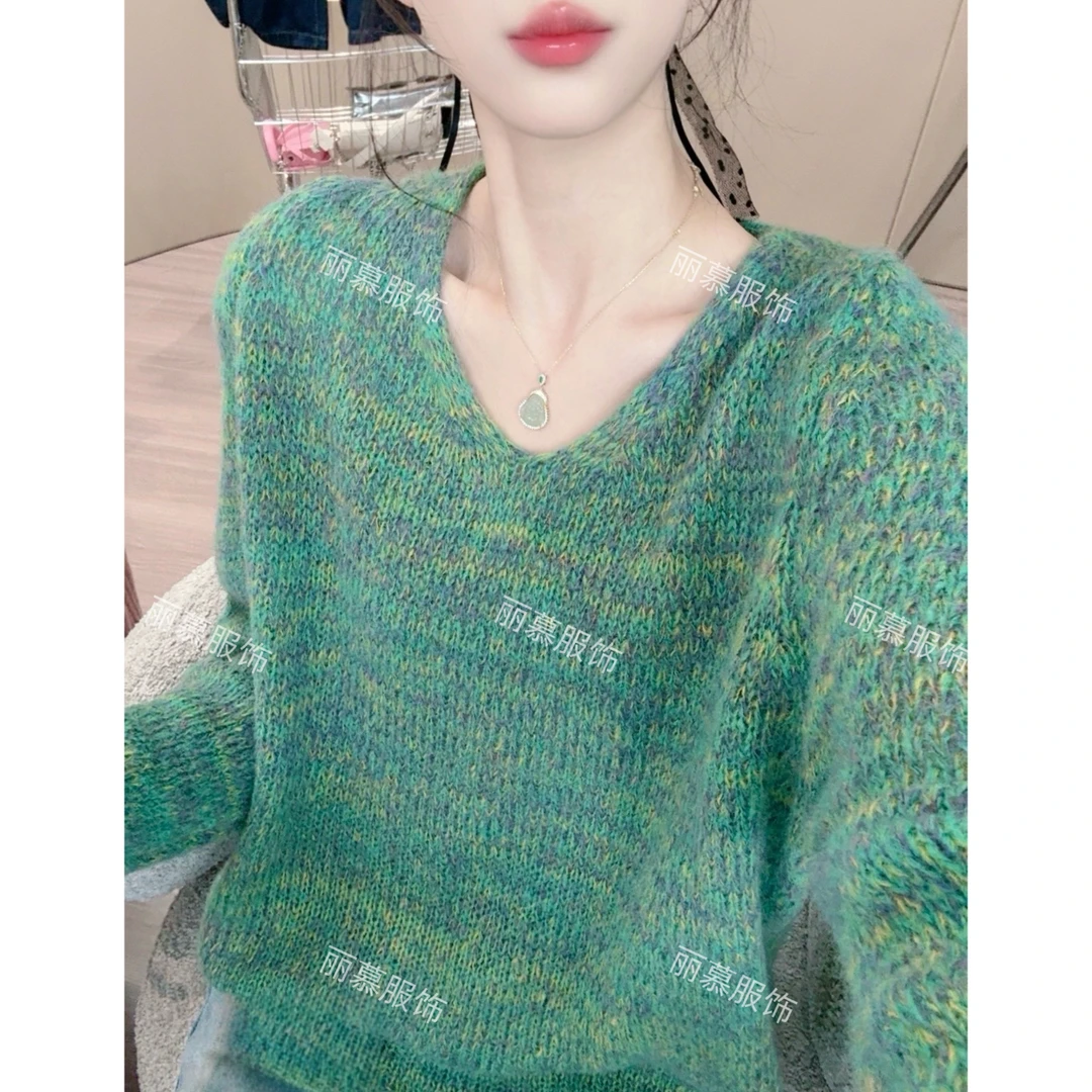 【松石绿鸡心领】欧货气质春季新款女装V领宽松百搭针织套头1305