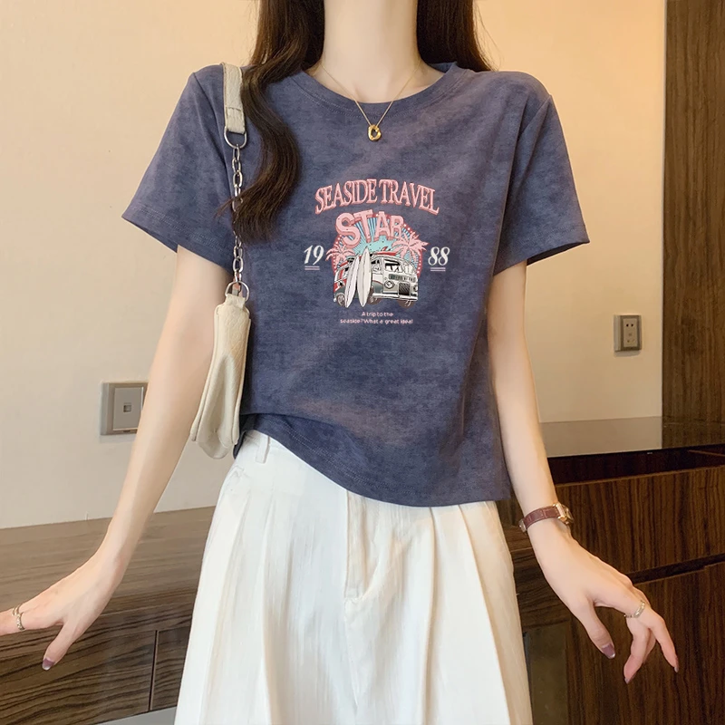 2025新款夏季正肩扎染短袖t恤女美式复古插肩设计感小众洋气上衣