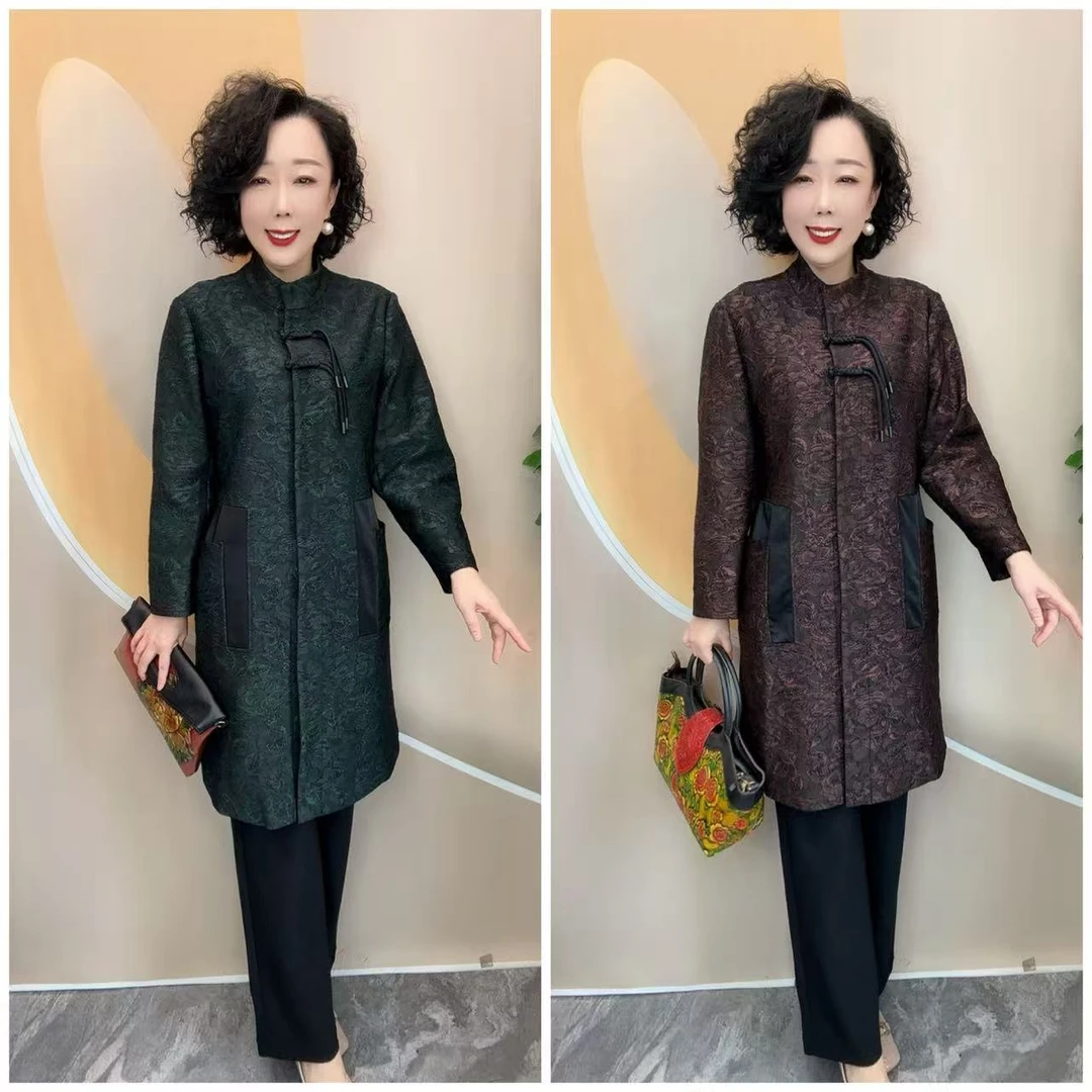 2527新款小立领提花加衬里盘扣流苏时尚宽松大码风衣外套，衣长98