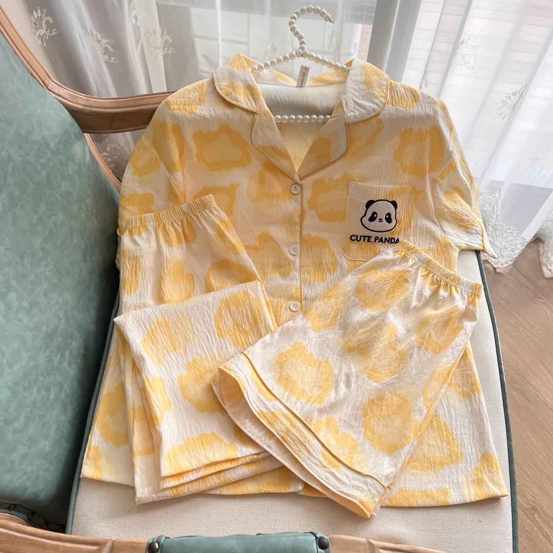 春夏云朵棉甜美翻领卡通三件套短袖短裤宽松可爱凉感薄款少女甜美