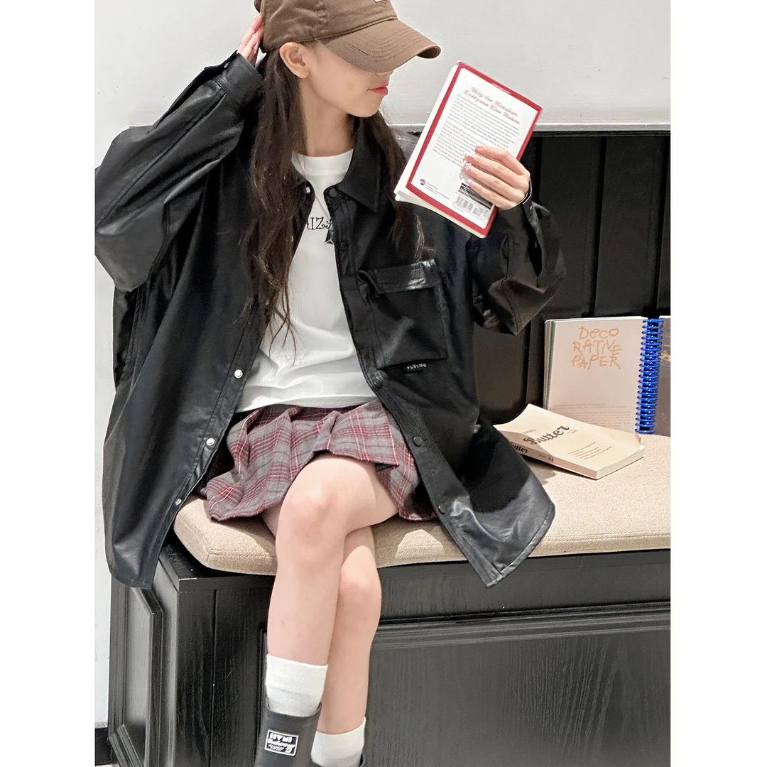 K29646孙小美潮流廓形女童皮衣外套2025秋装新款儿童上衣春秋夹克