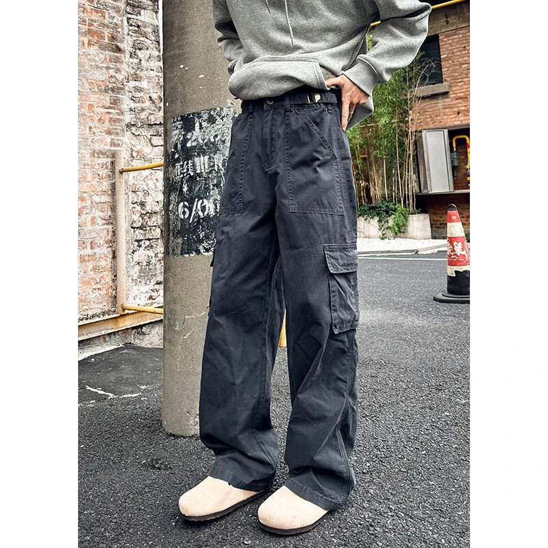 美式深灰色水洗工装裤潮牌欧美街头裤子oversize多口袋宽松直筒裤