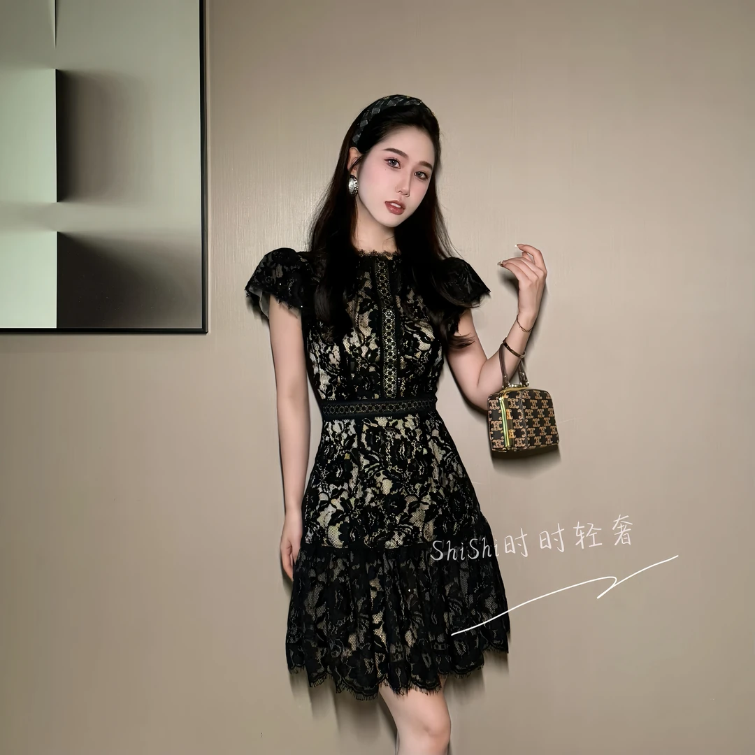 【时时原创】设计师复古蕾丝气质名媛轻奢时尚宴会收腰连衣裙21808