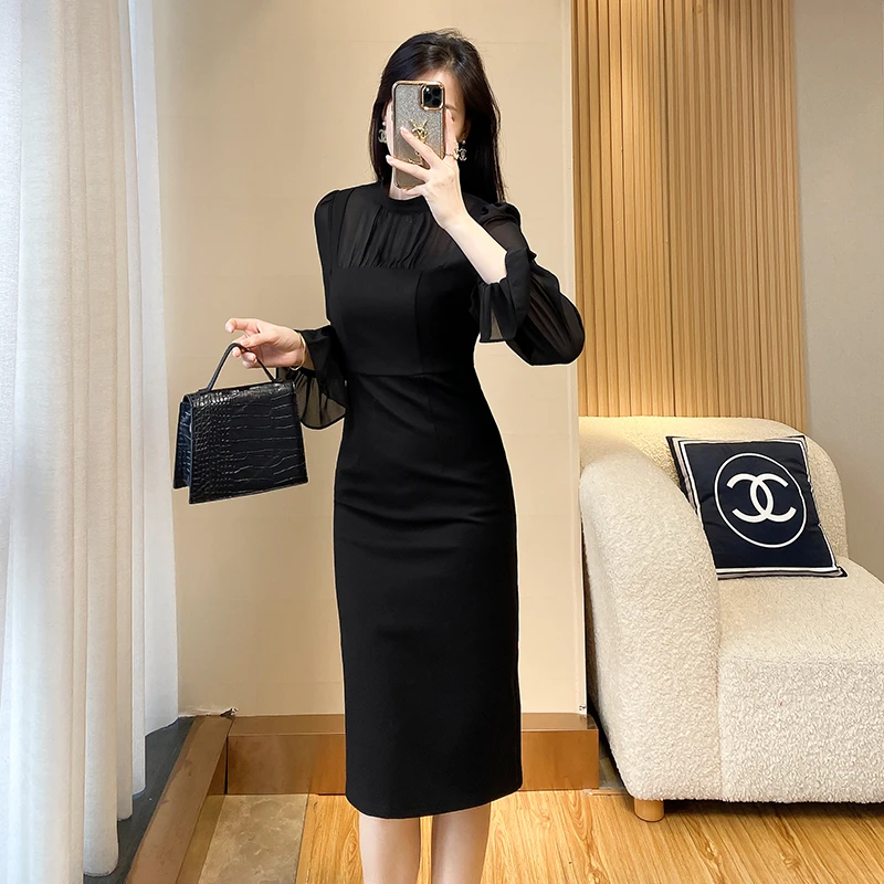 法式名媛气质长袖连衣裙2025秋季新款时尚高级感修身包臀小黑裙子