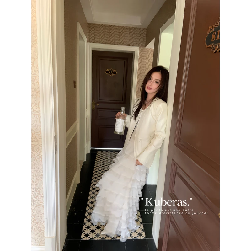 KUBERAS 长款宽松蕾丝边压皱雪纺半身裙法式气质高级感层层长裙