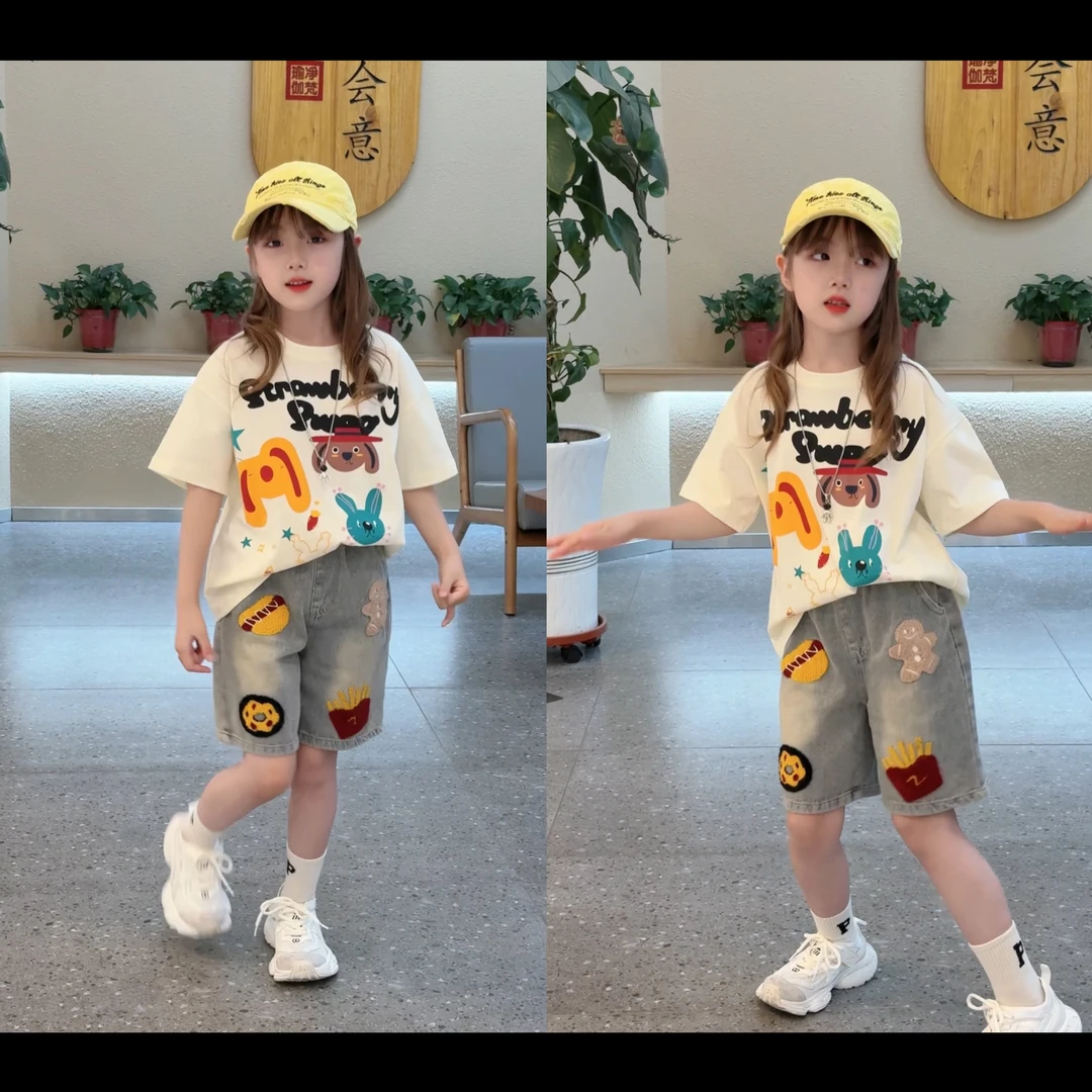 女童夏季时尚洋气毛巾绣牛仔中裤中大童时尚百搭宽松短袖T恤衫