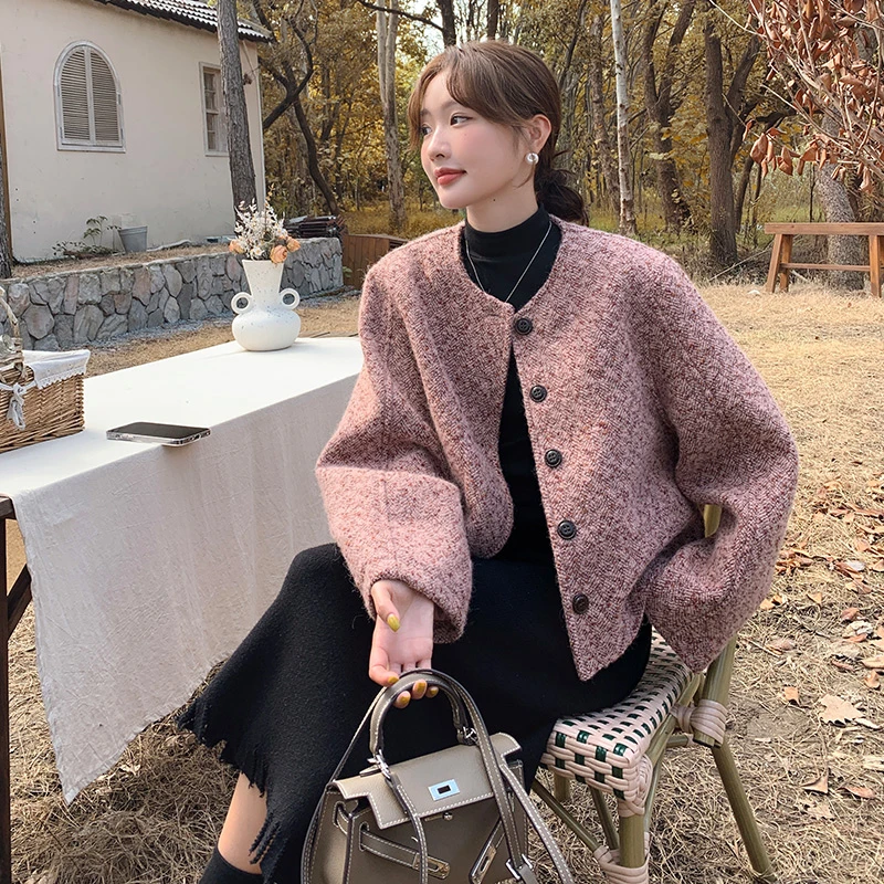 紫色小香风毛呢外套女短款2025冬季新款法式气质炸街高级感呢大衣
