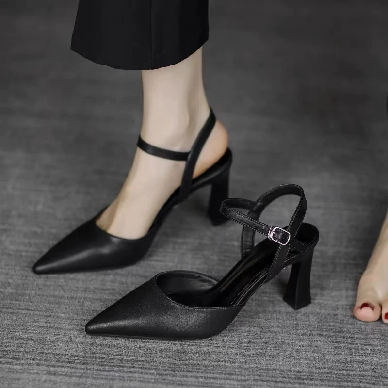 真皮简约尖头小粗跟高跟鞋女2025新款时装配裙子淑女风小众凉鞋夏