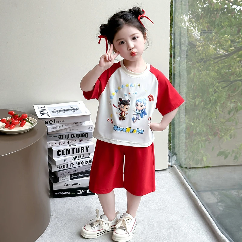 女童夏装哪吒套装2025新款儿童短袖短裤洋气两件套宝宝夏季薄衣服