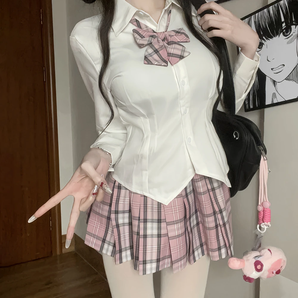 织野鹿JK制服正版原创收腰长袖衬衫日系修身白衬衣原创格裙套装