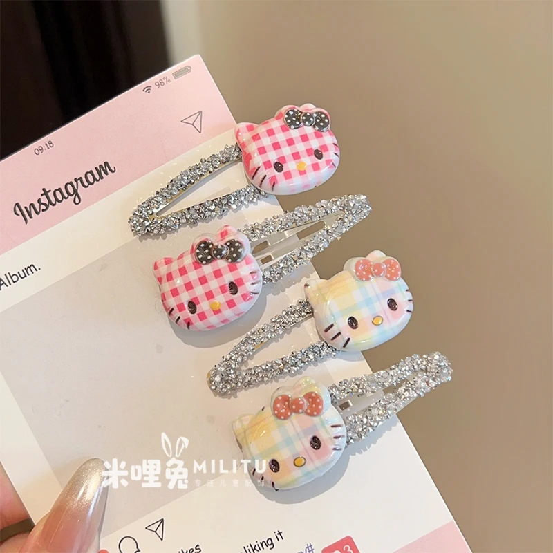儿童发夹女孩甜美kt猫格纹亮闪闪可爱夹子发饰女童发卡侧边夹BB夹