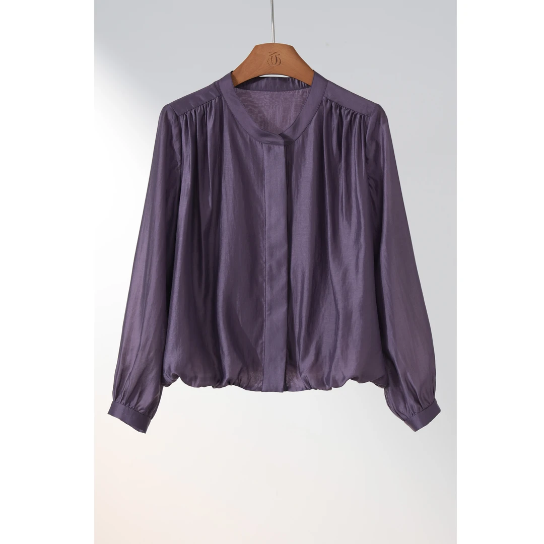 西子/【洛可可】法式圆领褶皱肩缎面减龄防晒衬衫/CSBH1240