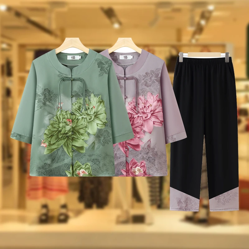 妈妈装夏季薄款套装中老年人女装薄衬衫奶奶装衣服老太太休闲洋气