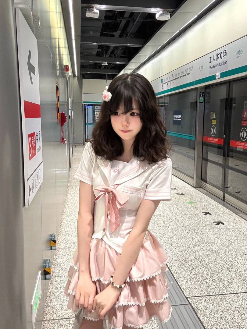 樱花兔~原创新款夏日套装学生制服水手服短袖短裙甜美蛋糕裙粉色