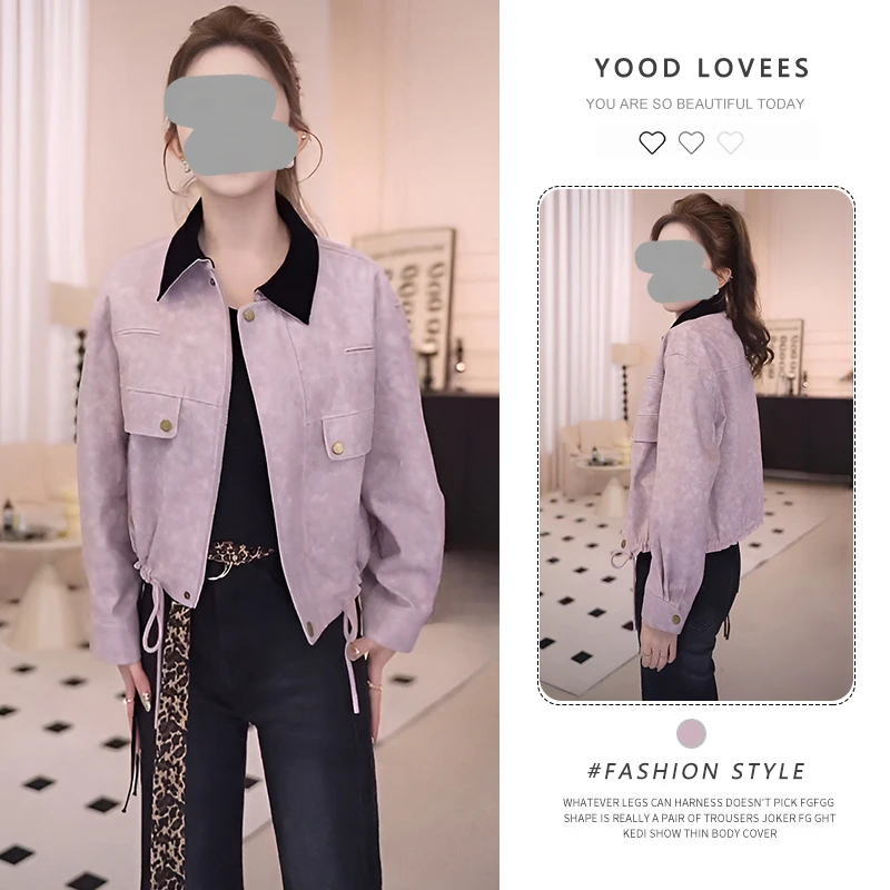 巴恩风两色拼接领撞色外套女休闲宽松廓形口袋显瘦翻领夹克上衣